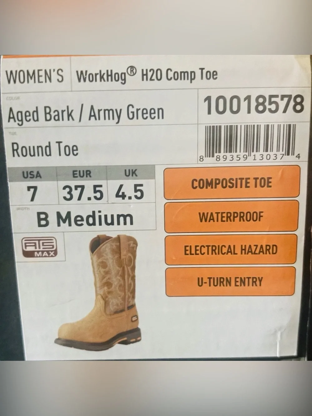 ARIAT WORKHOG H20 WOMEN'S 10018578 AGED BARK/ARMY GREEN WATERPROOF BOOTS SIZE 7B
